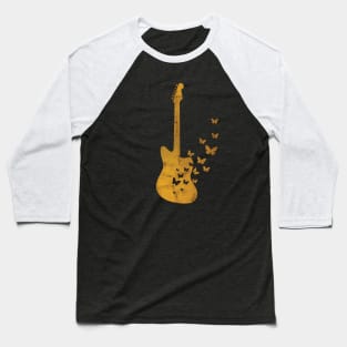 Offset Style Electric Guitar Silhouette Turning Into Butterflies Gold Baseball T-Shirt